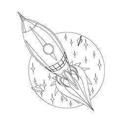 Rocket flying through space with stars and a UFO coloring page