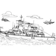 Warship F151 sailing with fighter jets overhead coloring page