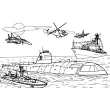 Warship fleet with submarine, jets and helicopter coloring page