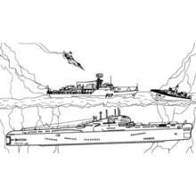 Warship, submarine and jet over the sea coloring page