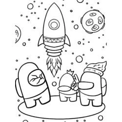Among Us crewmates watching a rocket launch coloring page