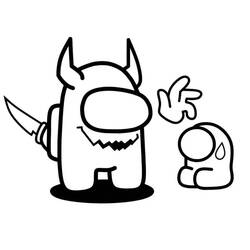 Among Us impostor with horns and knife scaring crewmate coloring page