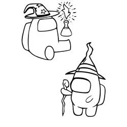 Among Us wizard characters with hats and potion coloring page