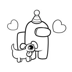 Among Us character with a party hat and puppy coloring page