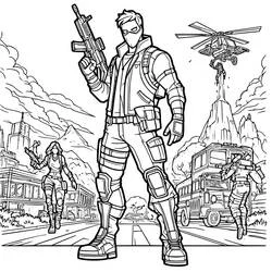 Fortnite battle scene with soldier and helicopter coloring page