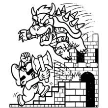 Mario running from Bowser on castle stairs coloring page