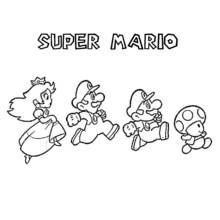 Mario Bros running with Peach, Luigi and Toad coloring page