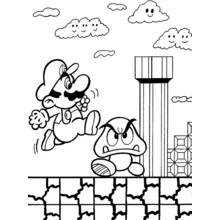 Mario jumping over a Goomba coloring page