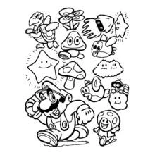 Mario Bros with Goomba, Koopa and friendly creatures coloring page