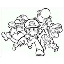 Mario Bros running with Wario, Luigi and Yoshi coloring page