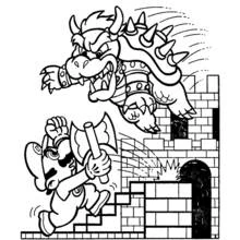 Bowser attacking Mario on the castle bridge coloring page