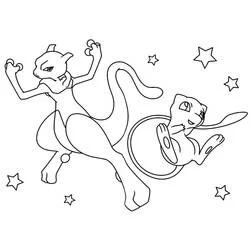 Mewtwo and Mew flying among stars coloring page