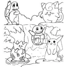 Pikachu and friends by the waterfall coloring page